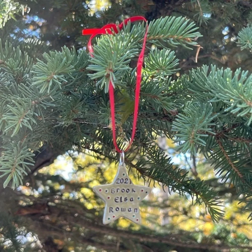 Handmade personalized Star holiday Christmas red ribbon silver aluminum ornament